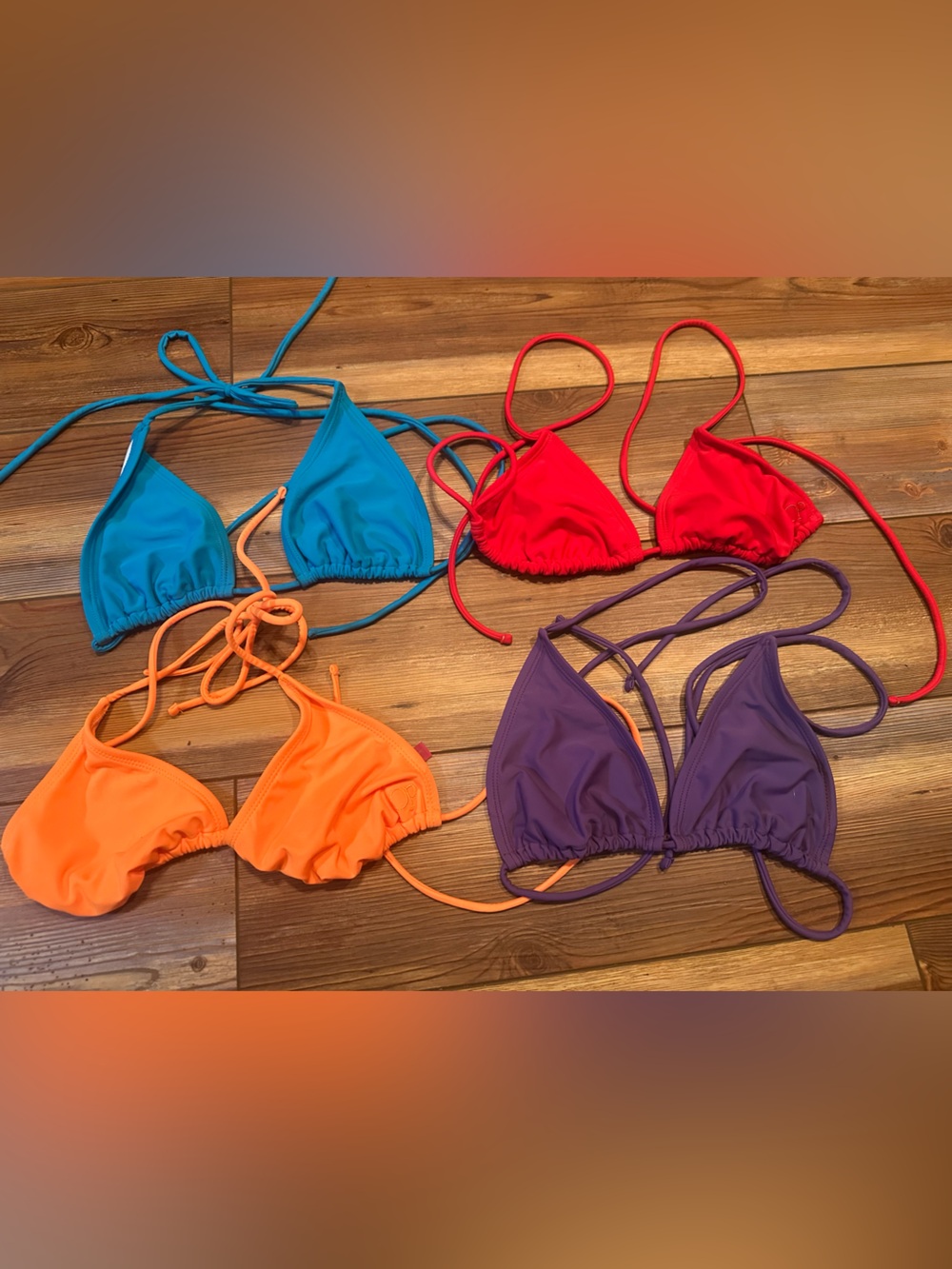Set of 4 Triangle Bikini Tops - Blue, Red, Orange, Purple. Size small and medium